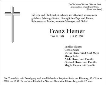Traueranzeige von Franz Hemer von vrm-trauer