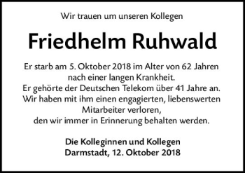 Traueranzeige von Friedhelm Ruhwald von vrm-trauer