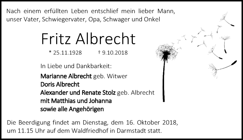  Traueranzeige für Fritz Albrecht vom 13.10.2018 aus vrm-trauer