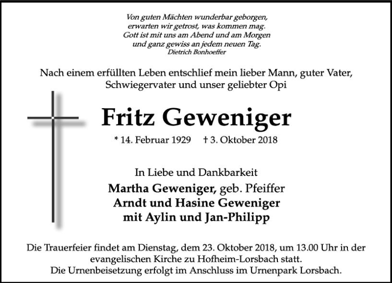  Traueranzeige für Fritz Geweniger vom 19.10.2018 aus vrm-trauer