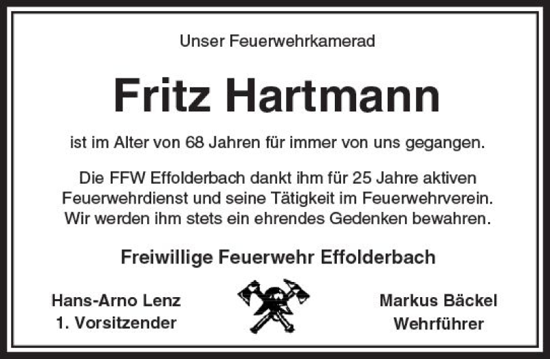  Traueranzeige für Fritz Hartmann vom 13.10.2018 aus  Kreisanzeiger