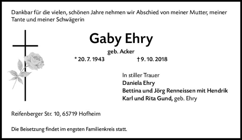  Traueranzeige für Gaby Ehry vom 19.10.2018 aus vrm-trauer