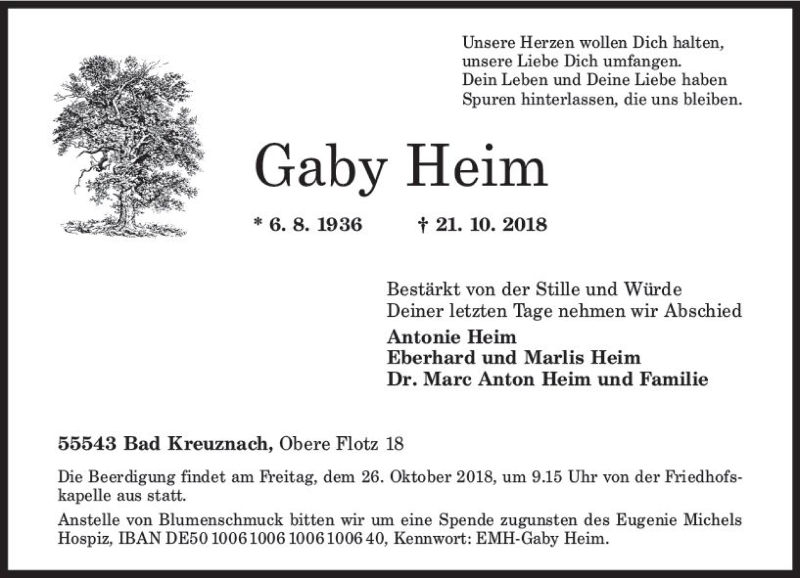  Traueranzeige für Gaby Heim vom 24.10.2018 aus vrm-trauer