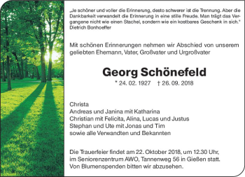 Traueranzeige von Georg Schönefeld von  Gießener Anzeiger