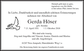 Traueranzeige von Gerda Höser von  Usinger Anzeiger