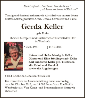 Traueranzeige von Gerda Keller von vrm-trauer