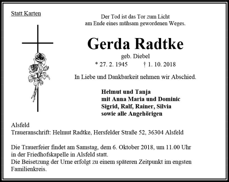  Traueranzeige für Gerda Radtke vom 05.10.2018 aus VRM Trauer