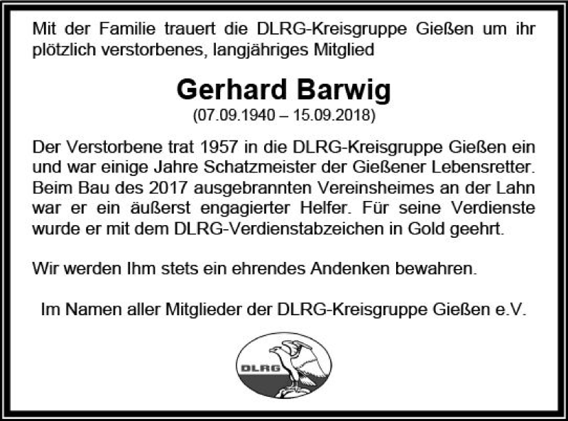  Traueranzeige für Gerhard Barwig vom 09.10.2018 aus  Gießener Anzeiger