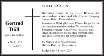 Traueranzeige von Gertrud Döll von  Gießener Anzeiger