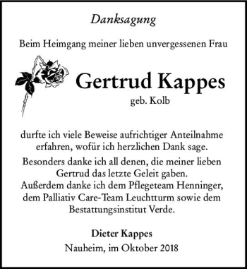 Traueranzeige von Gertrud Kappes von vrm-trauer