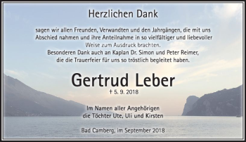 Traueranzeige von Gertrud Leber von  Camberger Anzeiger