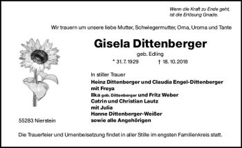 Traueranzeige von Gisela Dittenberger von vrm-trauer