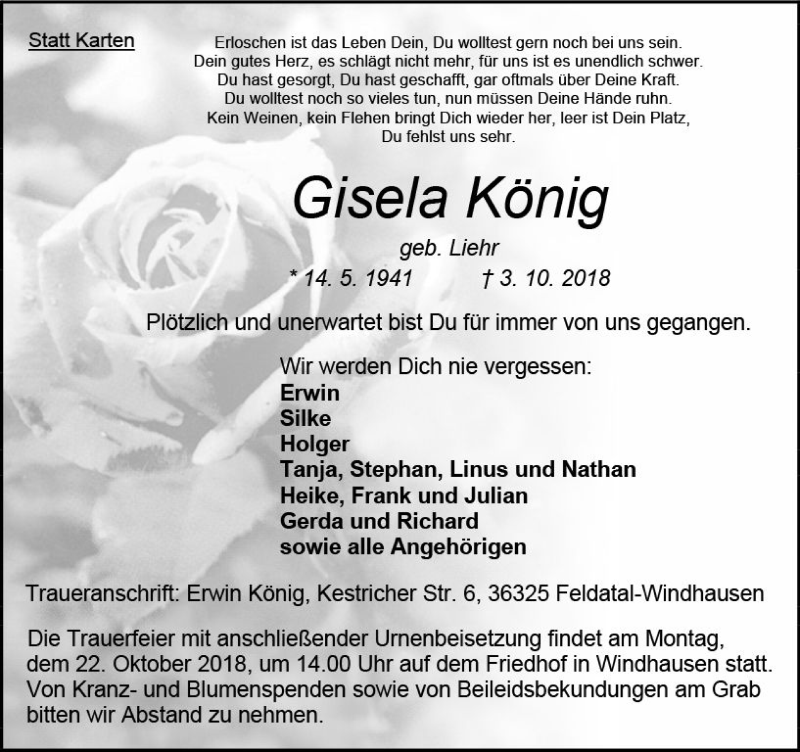  Traueranzeige für Gisela König vom 18.10.2018 aus VRM Trauer
