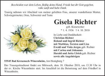 Traueranzeige von Gisela Richter von vrm-trauer