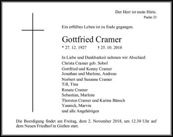 Traueranzeige von Gottfried Cramer von  Gießener Anzeiger