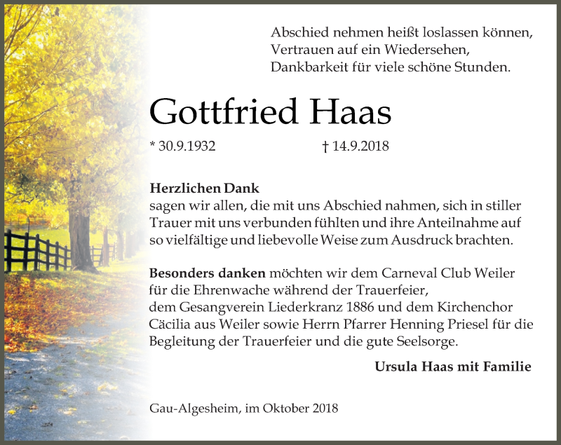  Traueranzeige für Gottfried Haas vom 13.10.2018 aus vrm-trauer