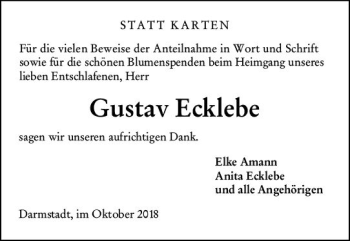 Traueranzeige von Gustav Ecklebe von vrm-trauer
