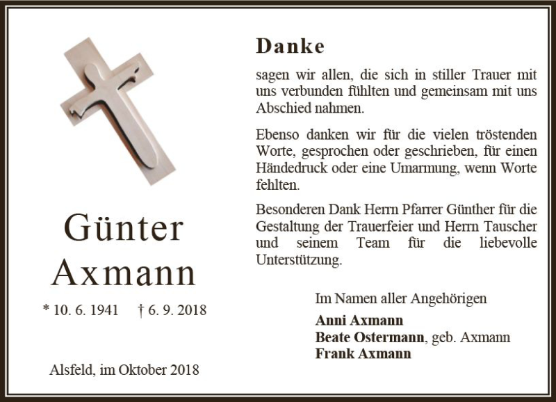  Traueranzeige für Günter Axmann vom 20.10.2018 aus VRM Trauer