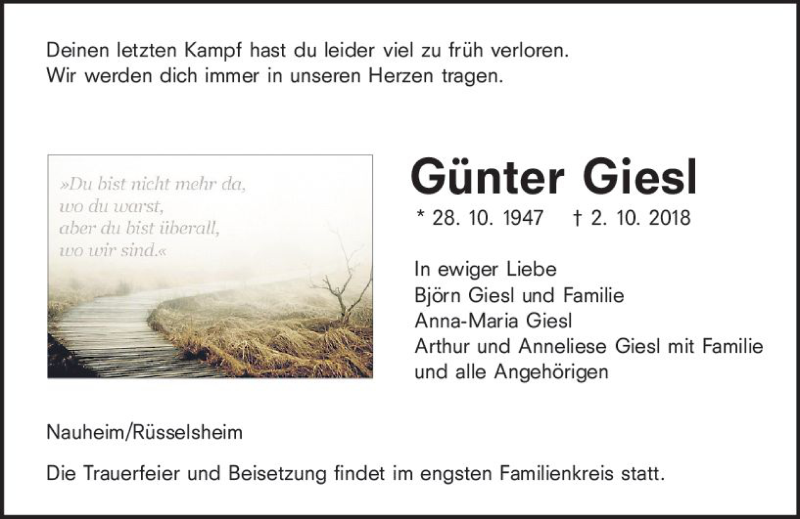  Traueranzeige für Günter Giesl vom 06.10.2018 aus vrm-trauer