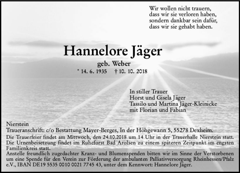  Traueranzeige für Hannelore Jäger vom 17.10.2018 aus vrm-trauer