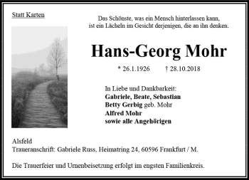 Traueranzeige von Hans-Georg Mohr von VRM Trauer