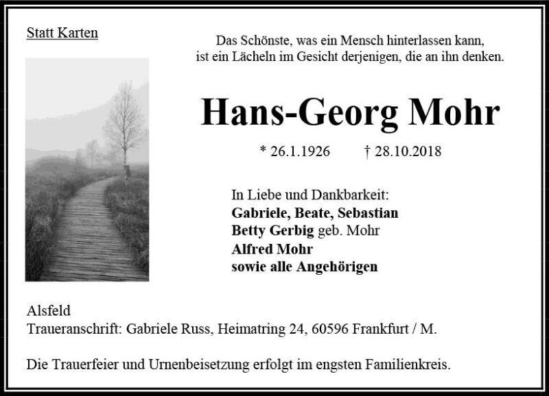  Traueranzeige für Hans-Georg Mohr vom 31.10.2018 aus VRM Trauer