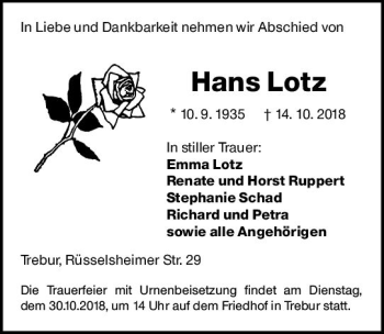 Traueranzeige von Hans Lotz von vrm-trauer