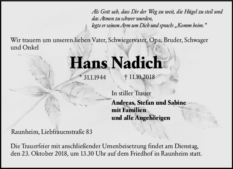  Traueranzeige für Hans Nadich vom 17.10.2018 aus vrm-trauer