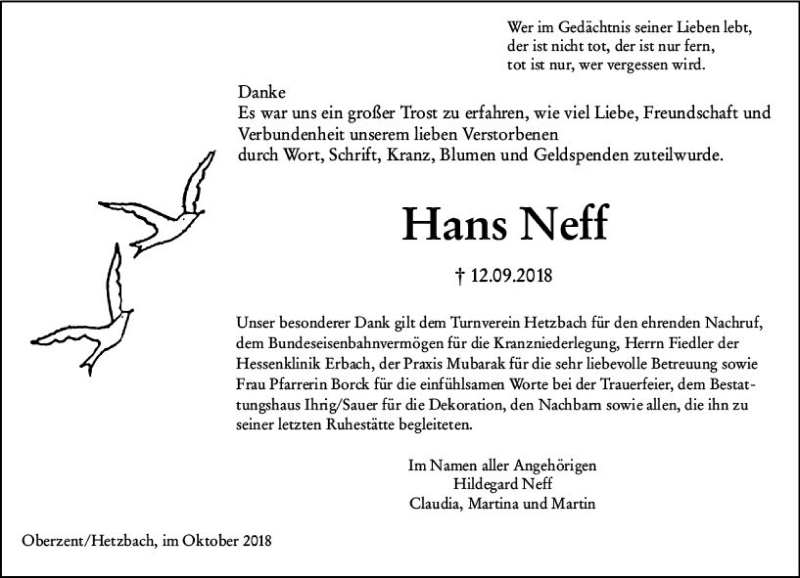  Traueranzeige für Hans Neff vom 20.10.2018 aus vrm-trauer