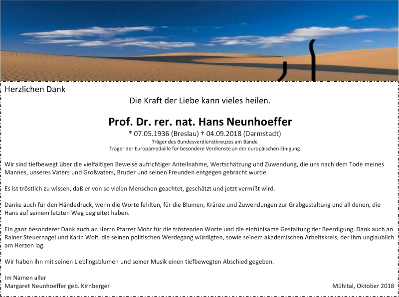  Traueranzeige für Hans Neunhoeffer vom 13.10.2018 aus vrm-trauer