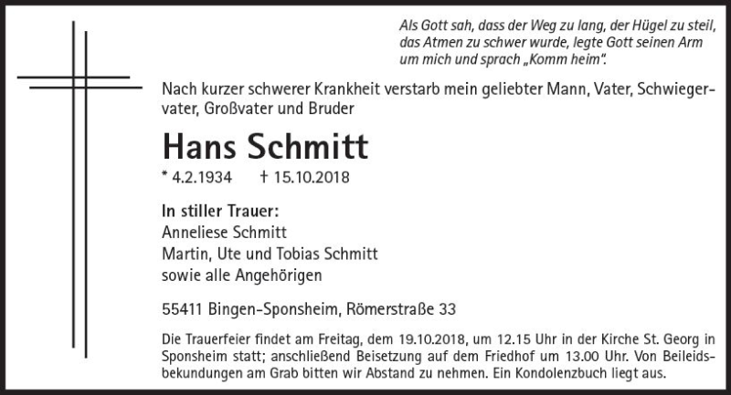  Traueranzeige für Hans Schmitt vom 17.10.2018 aus vrm-trauer