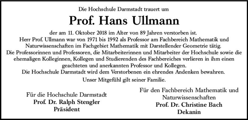  Traueranzeige für Hans Ullmann vom 20.10.2018 aus vrm-trauer