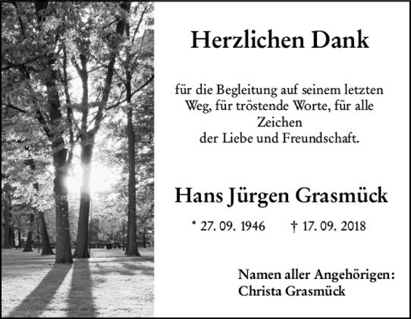  Traueranzeige für Hans Jürgen Grasmück vom 06.10.2018 aus vrm-trauer