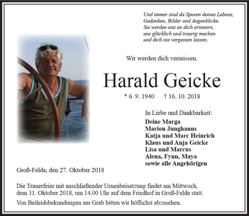  Traueranzeige für Harald Geicke vom 27.10.2018 aus VRM Trauer
