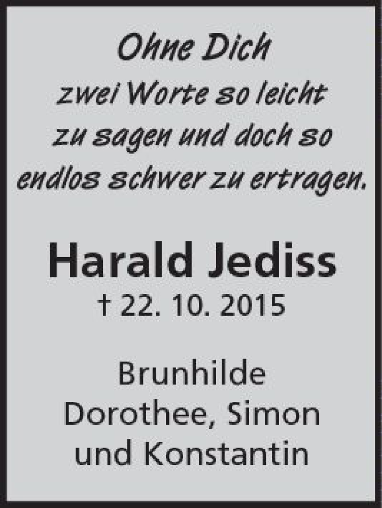  Traueranzeige für Harald Jediss vom 22.10.2018 aus  Usinger Anzeiger