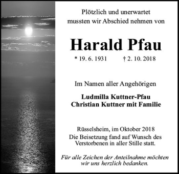 Traueranzeige von Harald Pfau von vrm-trauer