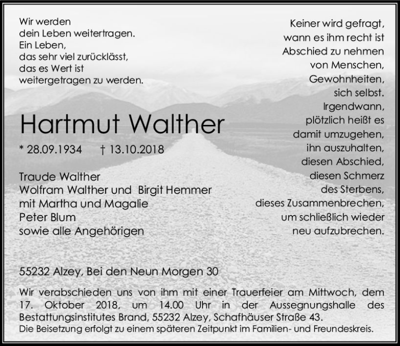  Traueranzeige für Hartmut Walther vom 15.10.2018 aus vrm-trauer