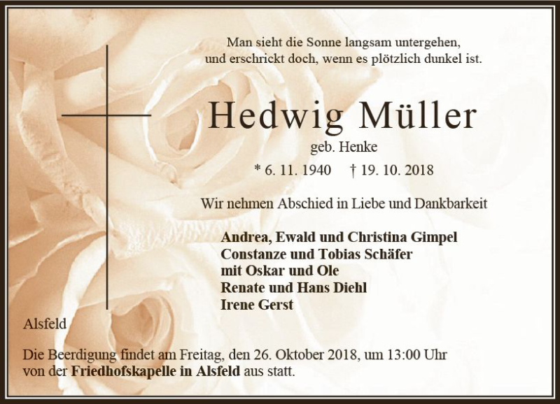  Traueranzeige für Hedwig Müller vom 24.10.2018 aus VRM Trauer