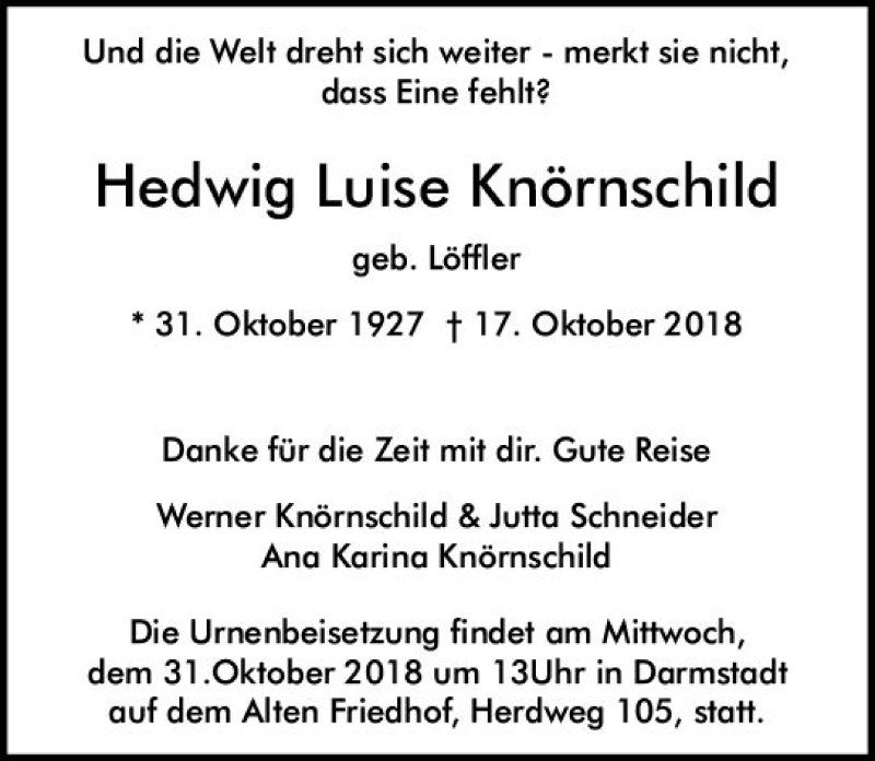  Traueranzeige für Hedwig Luise Knörnschild vom 27.10.2018 aus vrm-trauer