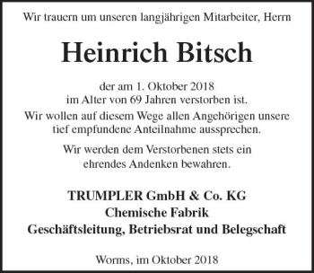 Traueranzeige von Heinrich Bitsch von vrm-trauer