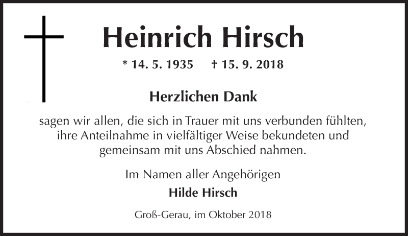  Traueranzeige für Heinrich Hirsch vom 13.10.2018 aus vrm-trauer