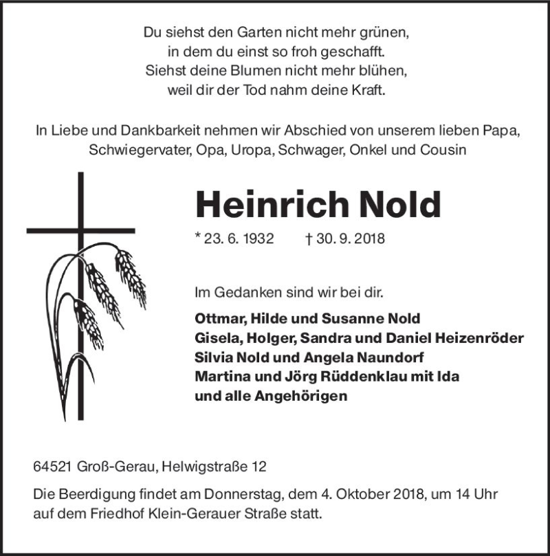  Traueranzeige für Heinrich Nold vom 02.10.2018 aus vrm-trauer