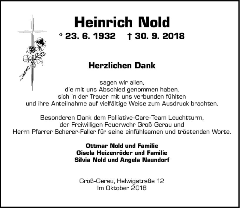  Traueranzeige für Heinrich Nold vom 20.10.2018 aus vrm-trauer