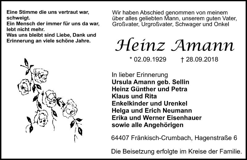  Traueranzeige für Heinz Amann vom 13.10.2018 aus vrm-trauer