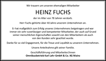 Traueranzeige von Heinz Fuchs von vrm-trauer