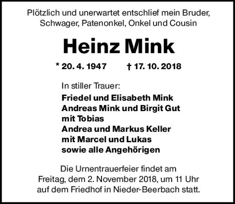  Traueranzeige für Heinz Mink vom 27.10.2018 aus vrm-trauer