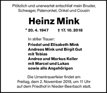 Traueranzeige von Heinz Mink von vrm-trauer
