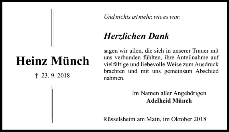  Traueranzeige für Heinz Münch vom 27.10.2018 aus vrm-trauer