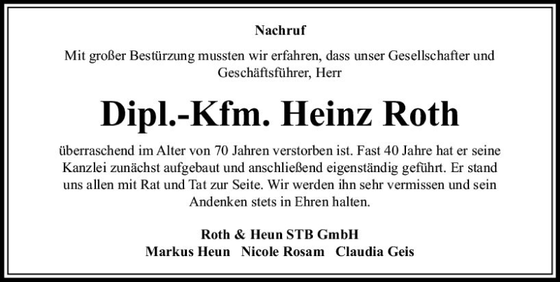  Traueranzeige für Heinz Roth vom 04.10.2018 aus  Camberger Anzeiger