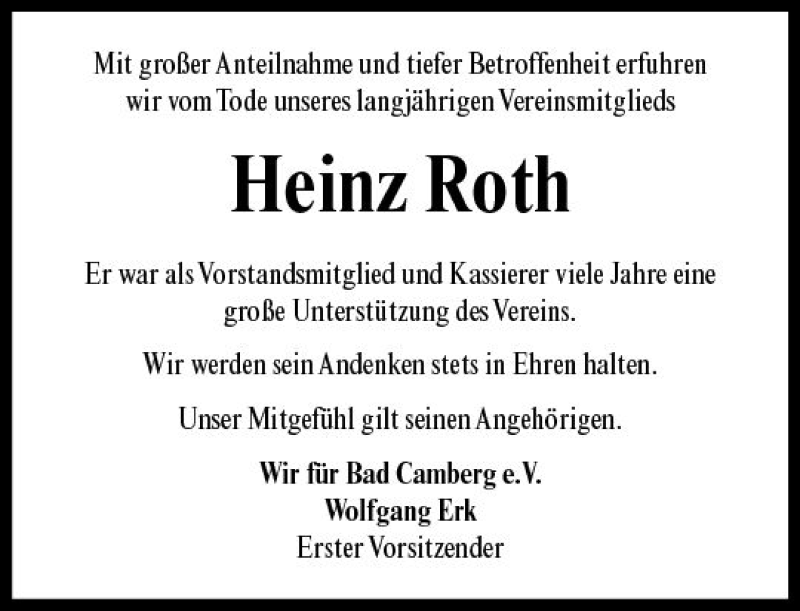  Traueranzeige für Heinz Roth vom 11.10.2018 aus  Camberger Anzeiger